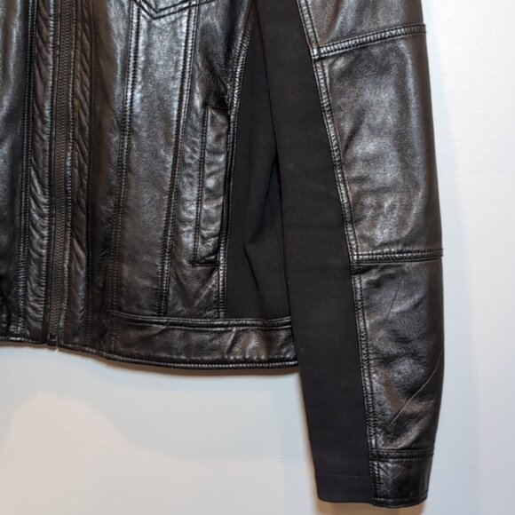 Guess Genuine Lamb Leather Moto Jacket Knit Padded Black Biker Motorcycle Coat - Picture 3 of 15